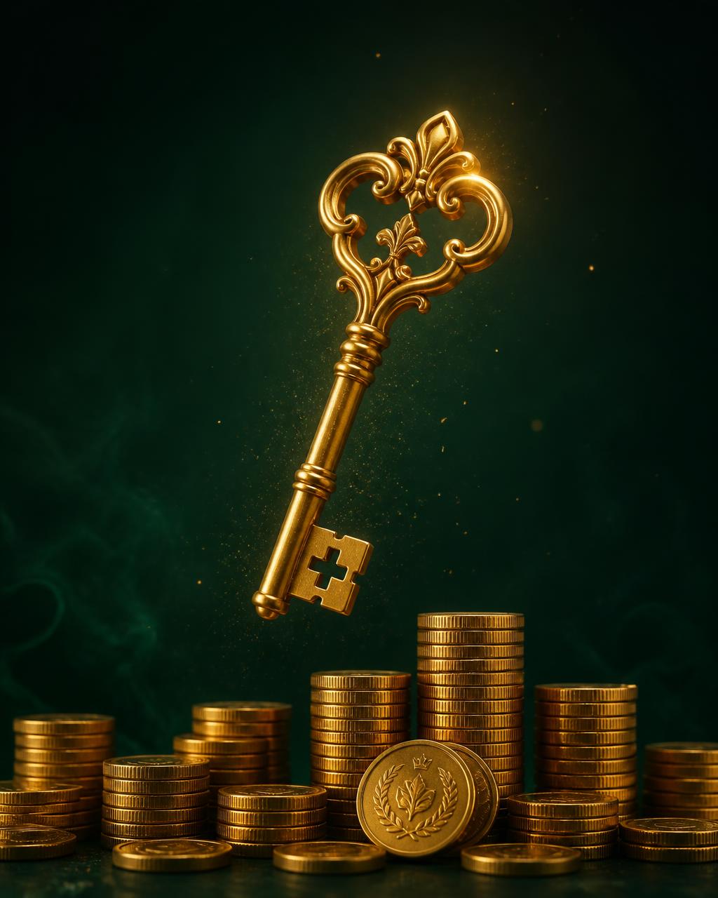 Chave dourada sobre moedas organizadas, símbolo da Chave da Prosperidade